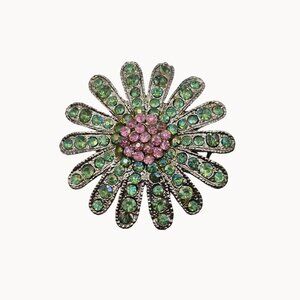 Elegant Green and Pink Crystal Flower Brooch